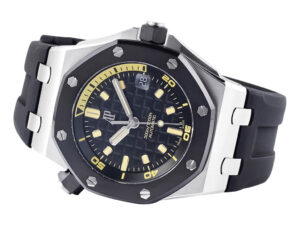 Royal Oak ‘Offshore Diver’ Stainless Steel watch with black dial, 42mm case, yellow accents, and black rubber strap.