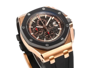 Royal Oak ‘Offshore Chronograph’ watch in pink gold, black dial with subdials, 44mm case, and a black strap.