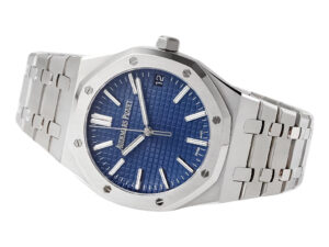 Royal Oak Stainless Steel '50th Anniversary' watch with 41mm case, blue textured dial, and silver bracelet.