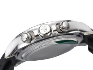 Side view of the Cosmograph Daytona Stainless Steel Oysterflex with Grey Sunburst Dial, showcasing its crown and pushers.