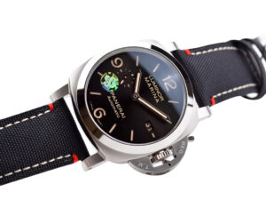 Luminor 1950 44 3 Days Automatic ‘Roma’ watch with stainless steel case, black sunburst dial, and textured black strap.