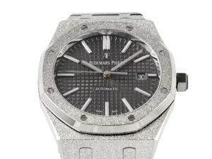 Royal Oak Frosted Stainless Steel watch with 41mm case, grey textured dial, and silver hour markers displayed up close.
