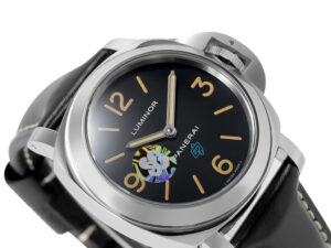 Luminor Base Logo Paneristi 15th Anniversary watch with stainless steel case, black dial, and black leather strap.