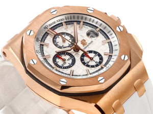 Royal Oak Offshore Chronograph 44mm in pink gold with a white dial, displaying subdials and a sturdy white strap.
