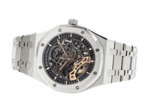 Royal Oak Stainless Steel Openworked Double Balance Wheel watch (41mm) with silver bracelet, intricate skeleton dial design.