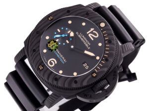 Luminor Submersible 47 3 Days Automatic watch with a titanium and carbon case, black dial, and rubber strap.