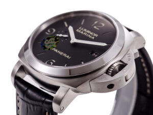 Luminor 1950 3 Days Automatic watch featuring a stainless steel case, black dial, and black strap (44mm).