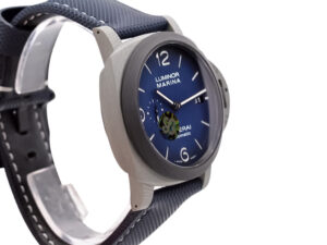 Luminor 1950 44 3 Days Automatic 'Volcano Blu – Fibratech' watch with blue dial, composite case, and black strap.