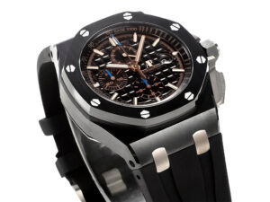 Royal Oak Offshore Chronograph Ceramic watch with black dial, 44mm case, and black rubber strap displayed at an angle.