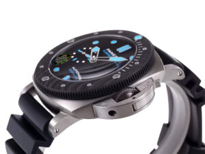 Luminor Submersible 47 BMG-Tech watch with a titanium case, forged carbon bezel, and black rubber strap displayed at an angle.