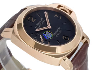 Luminor Marina 44 8 Days Automatic Red Gold watch with a brown dial, matching brown strap, and a sleek 44mm design.