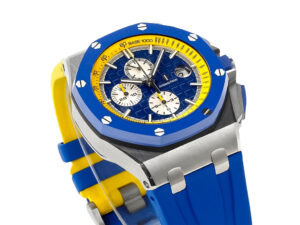 Royal Oak Offshore Chronograph 'Ukrainian Flag' 44mm watch with blue and yellow accents, matching rubber strap,sporty design.