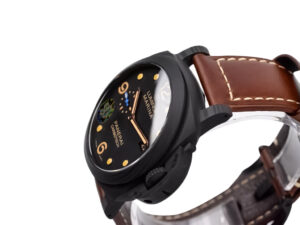 Luminor 1950 44 3 Days Automatic watch with a titanium and carbon case, black dial, and brown leather strap.