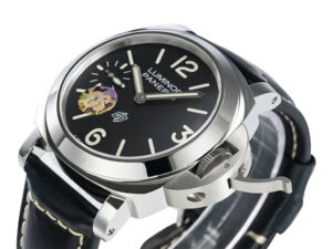 Luminor 44 Logo 3 Days watch with polished stainless steel case, black dial, and black strap, shown at a side angle.
