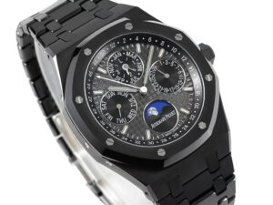 Royal Oak Perpetual Calendar Ceramic 41mm watch with black dial, featuring month, date, day displays, and moon phase.