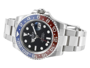 GMT-Master II Stainless Steel 'Pepsi' on Oyster (40mm) with black dial, red and blue bezel, and stainless steel bracelet.