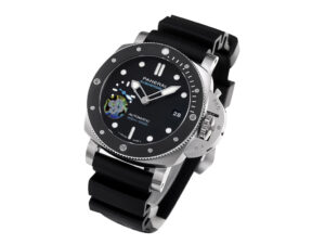 Luminor Submersible 42 3 Days Automatic with stainless steel case, black ceramic bezel, & black strap displayed at an angle.