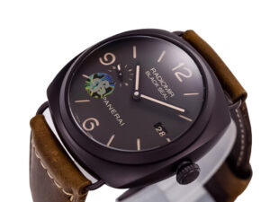 Radiomir Composite Black Seal 3 Days Automatic watch with brown dial, brown strap, and 45mm case displayed at an angle.