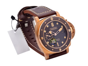 Luminor Submersible 3 Days Automatic 'Bronzo' watch with bronze case, titanium caseback, and brown leather strap.