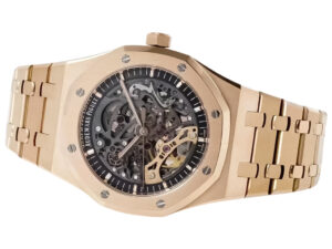 Royal Oak Pink Gold Openworked Double Balance Wheel watch (41mm) with intricate skeletonized dial and pink gold bracelet.