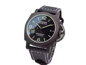 Luminor 1950 44mm 3 Days Automatic with forged carbon case, black sunburst dial, and black strap; elegant and durable design.