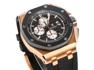 Royal Oak ‘Offshore Chronograph’ Pink Gold with Black Dial, White Subdials, and Rubber Strap (44mm) displayed at an angle.