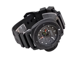 Luminor Submersible 47 Luna Rossa watch with a forged carbon case, grey textured dial, and black rubber strap.