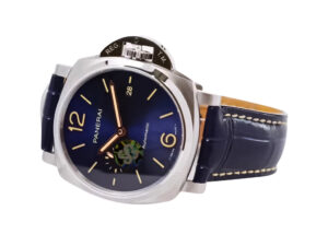 Luminor Due 42 Automatic watch with a titanium case, blue dial, and blue leather strap, showcased on a product page.