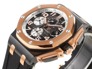 Royal Oak Offshore Chronograph watch in ceramic and pink gold, 44mm size, grey dial with black strap, elegant bold design.