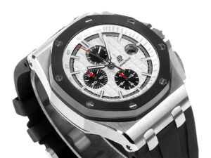 Royal Oak Offshore Chronograph 44mm stainless steel watch with silver dial, black subdials, and black rubber strap.