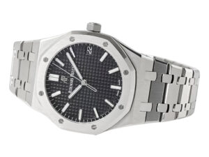 Royal Oak Stainless Steel watch with a 41mm case, black dial featuring a date display, and matching steel bracelet.
