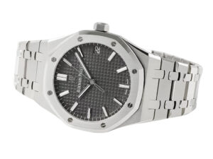 Royal Oak Stainless Steel watch with grey dial, 41mm size, model 15500, featuring a sleek octagonal bezel and link bracelet.