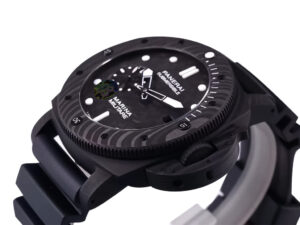 Luminor Submersible 47 Marina Militare watch with a carbon case and bezel, featuring a sleek black design and rubber strap.