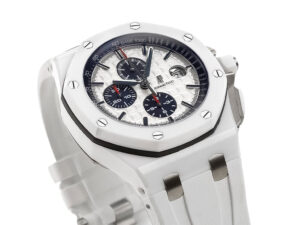 Royal Oak Offshore Chronograph Ceramic watch with 44mm white dial, blue accents, and white strap displayed on a product page.