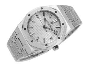 Royal Oak Stainless Steel watch with silver textured dial, 41mm case, minimalist hour markers, and sleek bracelet design.