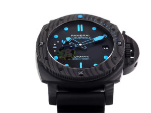 Luminor Submersible 42 3 Days Automatic with Carbotech forged carbon case and bezel, black dial, blue accents.