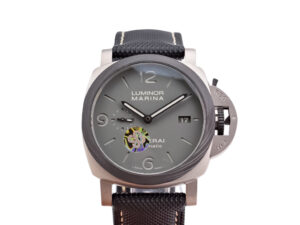 Luminor 1950 44 3 Days Automatic 'TuttoGrigio' watch with titanium case, forged carbon bezel, & black strap front view.