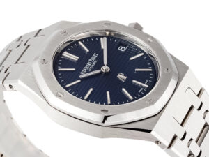 Royal Oak 'Jumbo Extra-Thin' Stainless Steel '50th Anniversary' watch with blue dial, featuring a sleek and elegant design.