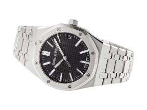 Royal Oak Stainless Steel '50th Anniversary' watch with black dial, 41mm case, and signature octagonal bezel.