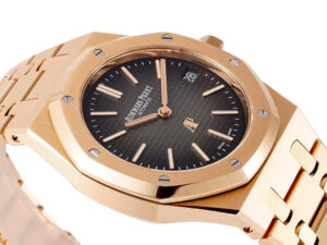 Royal Oak 'Jumbo Extra-Thin' 50th Anniversary watch in pink gold, featuring a grey dial and sleek design, 39mm.