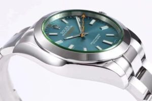 Milgauss GV Stainless Steel watch with 40mm Z-Blue dial, green-tinted sapphire crystal, orange lightning bolt seconds hand.