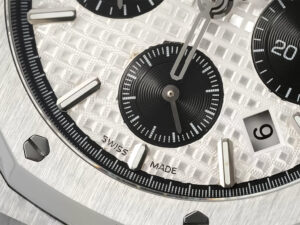 Close-up of the Royal Oak Chronograph Stainless Steel (41mm) with silver dial, showcasing intricate details and date display.