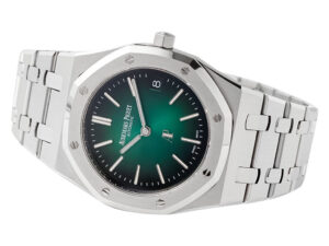 Royal Oak ‘Jumbo Extra-Thin’ Stainless ‘50th Anniversary’ watch with a smoked green dial and signature octagonal bezel.