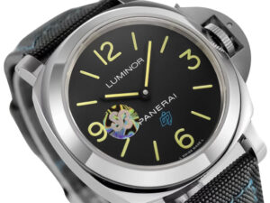 Luminor Base 44 Logo 3 Days Acciaio ‘Blue OP’ Stainless Steel Bettarini-style Case watch with black dial, luminous markers.