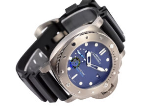 Luminor Submersible 47mm watch with a BMG-Tech titanium case, blue dial, black strap, and automatic movement.