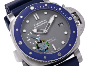 Luminor Submersible 42 3 Days Automatic watch with stainless steel case, shark-grey dial, and blue bezel on a navy strap.