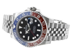 GMT-Master II Stainless Steel 'Pepsi' on Jubilee (40mm) with a black dial, red and blue bezel, and date display.