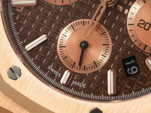 Close-up of the Royal Oak Chronograph Pink Gold with Chocolate Dial, showcasing intricate dial details and Swiss Made text.