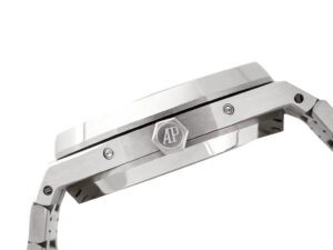 Side view of the Royal Oak ‘Perpetual Calendar’ stainless steel watch with a sleek silver-tone case and visible brand logo.