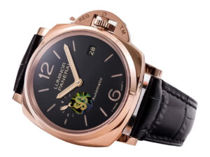 Luminor Due 38 Automatic watch with Oro Rosso red gold case, black dial displaying date, and black leather strap (38mm).